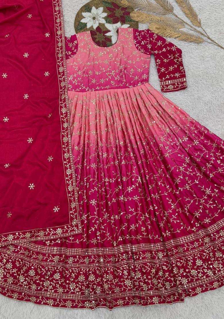Pink Embroidery Silk Gown With Dupatta - Indya