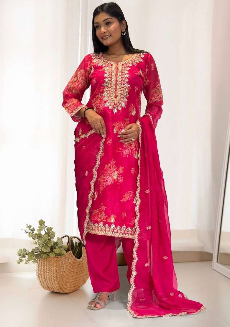Pink Embroidered Organza Straight Kurta Set - Indya