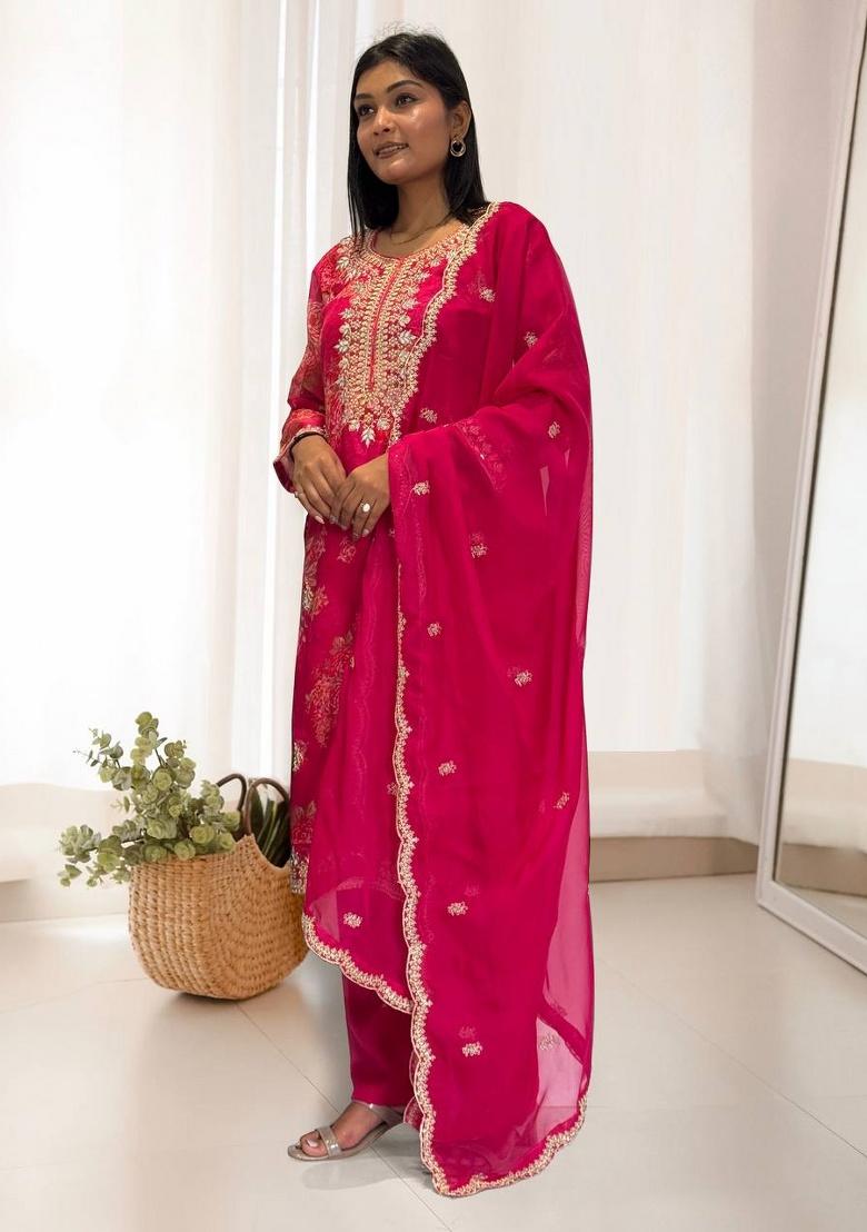 Pink Digital Print Organza Salwar Kameez With Dupatta - Indya