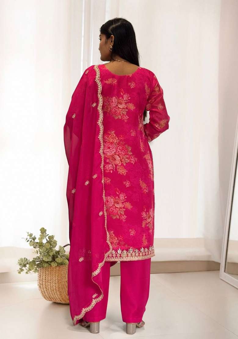 Pink Embroidered Organza Straight Kurta Set - Indya