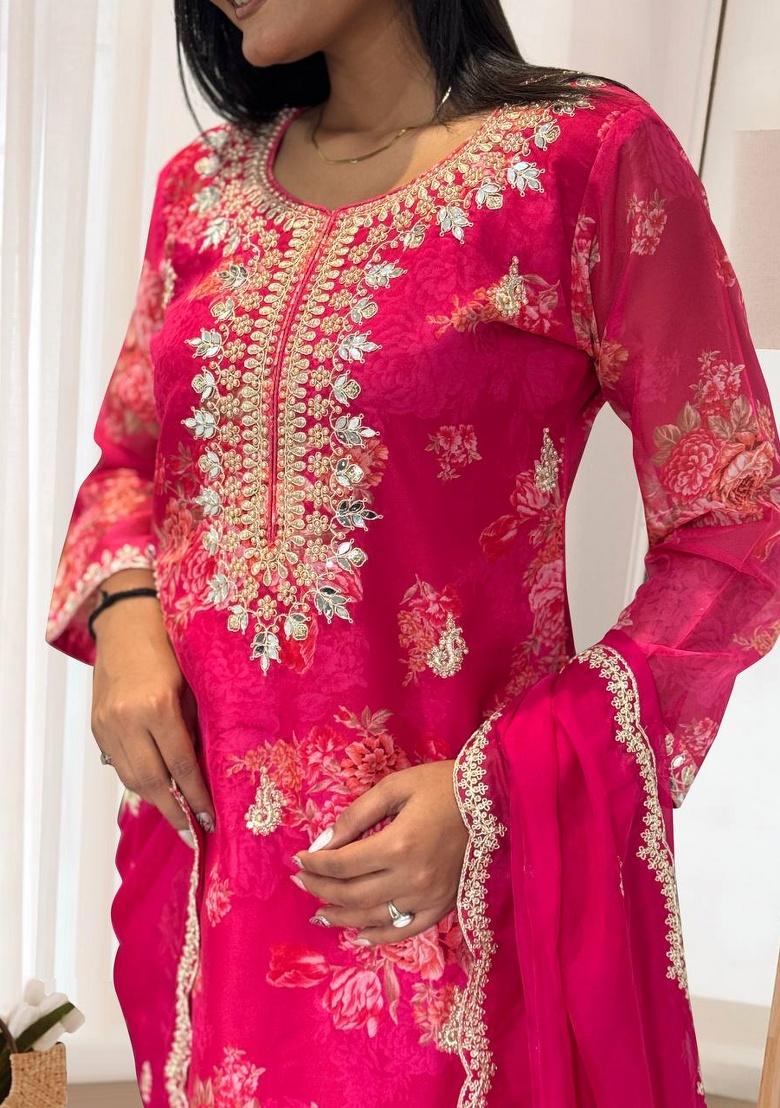 Pink Digital Print Organza Salwar Kameez With Dupatta - Indya