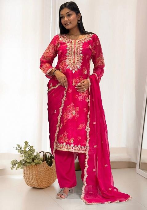 Pink Digital Print Organza Salwar Kameez With Dupatta