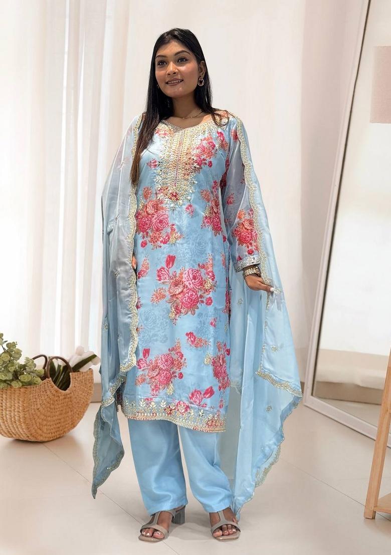 Sky Blue Digital Print Organza Salwar Kameez With Dupatta - Indya