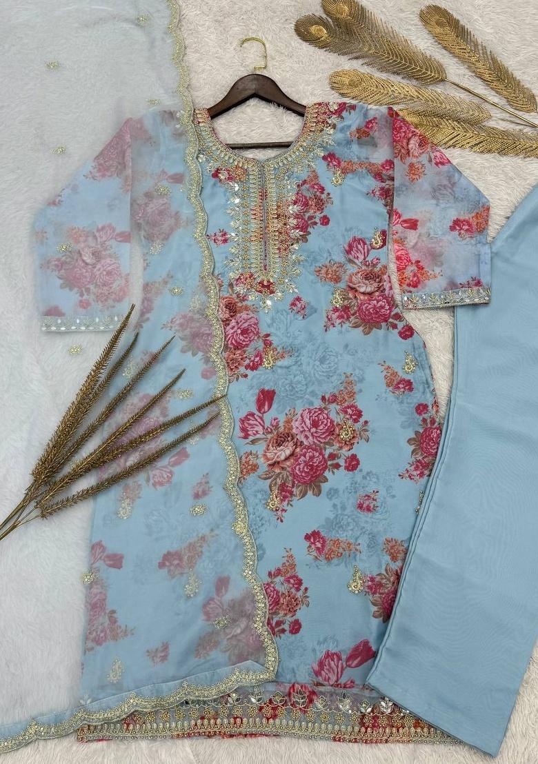 Sky Blue Digital Print Organza Salwar Kameez With Dupatta - Indya