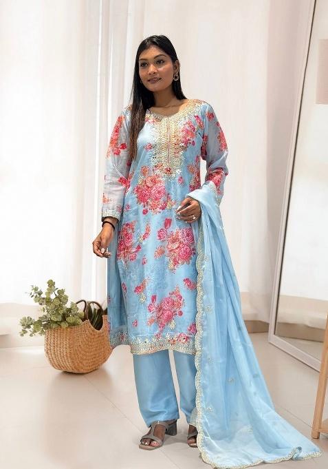 Sky Blue Digital Print Organza Salwar Kameez With Dupatta