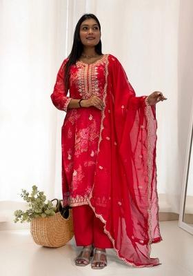 Red Digital Print Organza Salwar Kameez With Dupatta