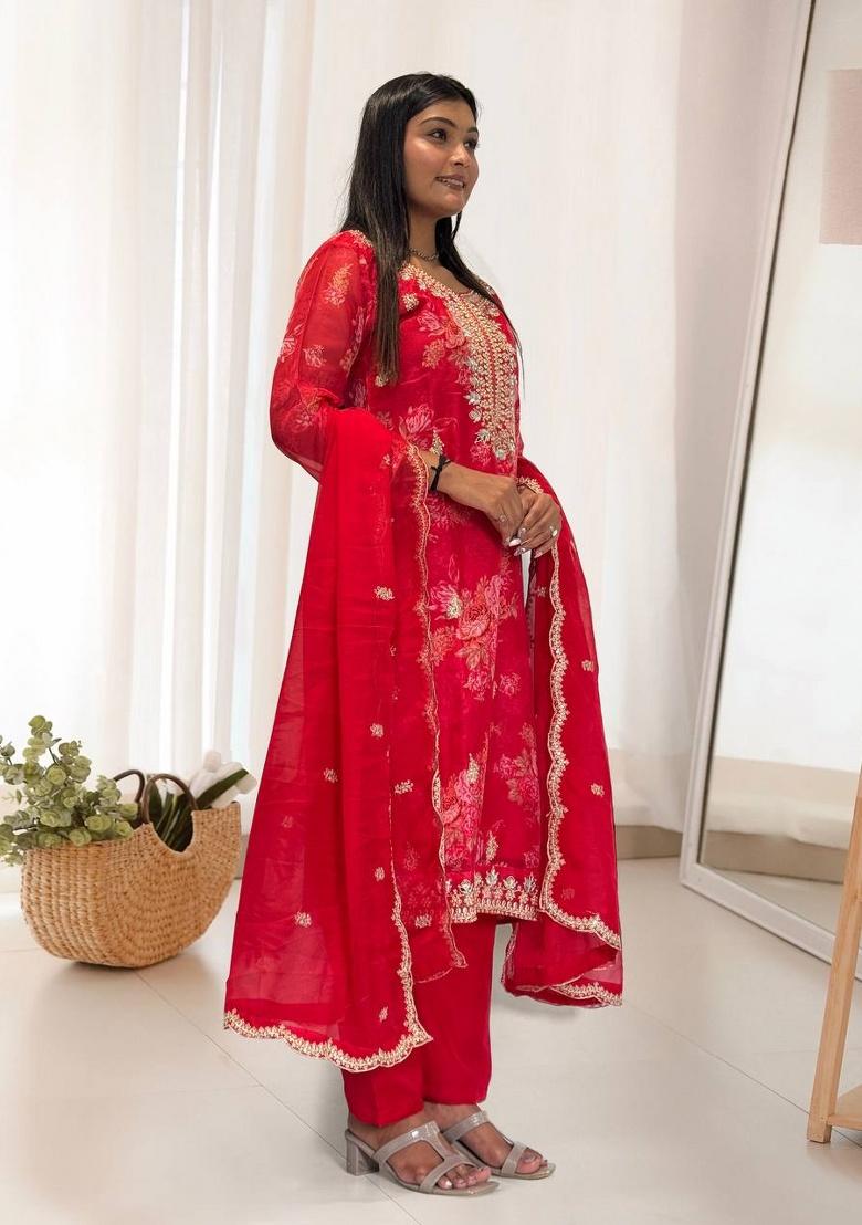 Red Digital Print Organza Salwar Kameez With Dupatta - Indya