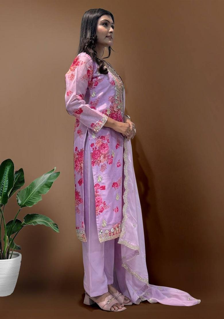 Lavender Digital Print Organza Salwar Kameez With Dupatta - Indya
