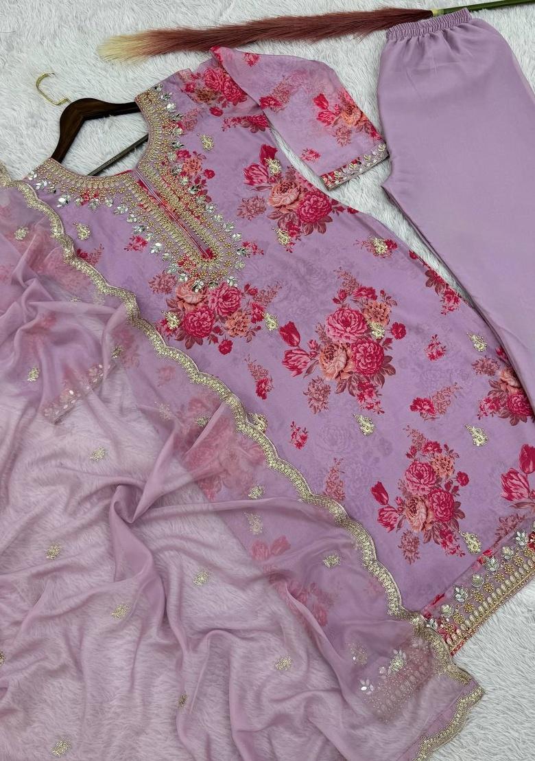 Lavender Digital Print Organza Salwar Kameez With Dupatta - Indya