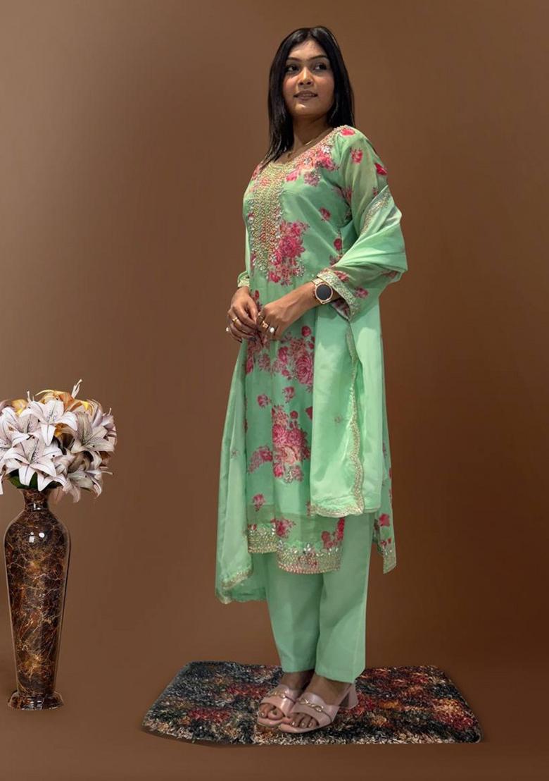 Light Green Digital Print Organza Salwar Kameez With Dupatta - Indya