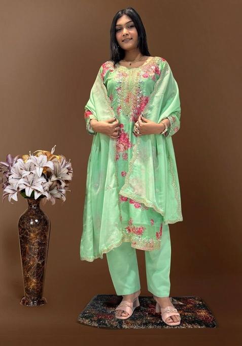 Light Green Digital Print Organza Salwar Kameez With Dupatta