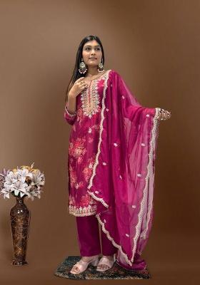 Rani Pink Digital Print Organza Salwar Kameez With Dupatta