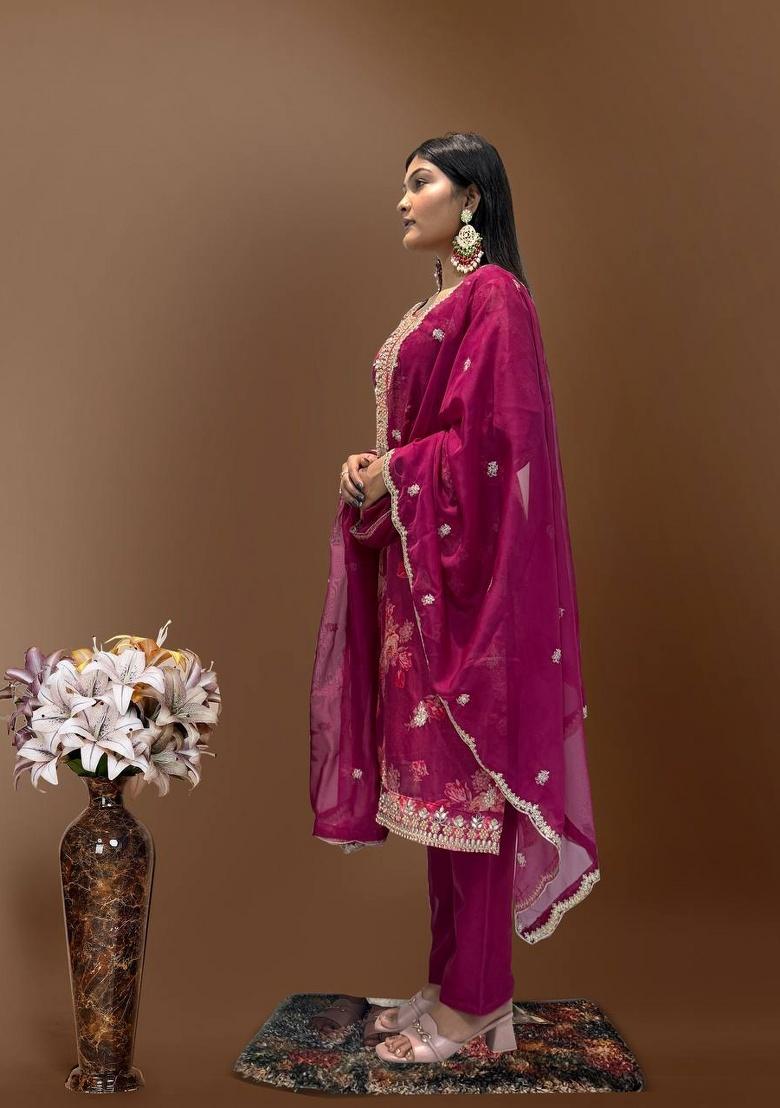Rani Pink Digital Print Organza Salwar Kameez With Dupatta - Indya