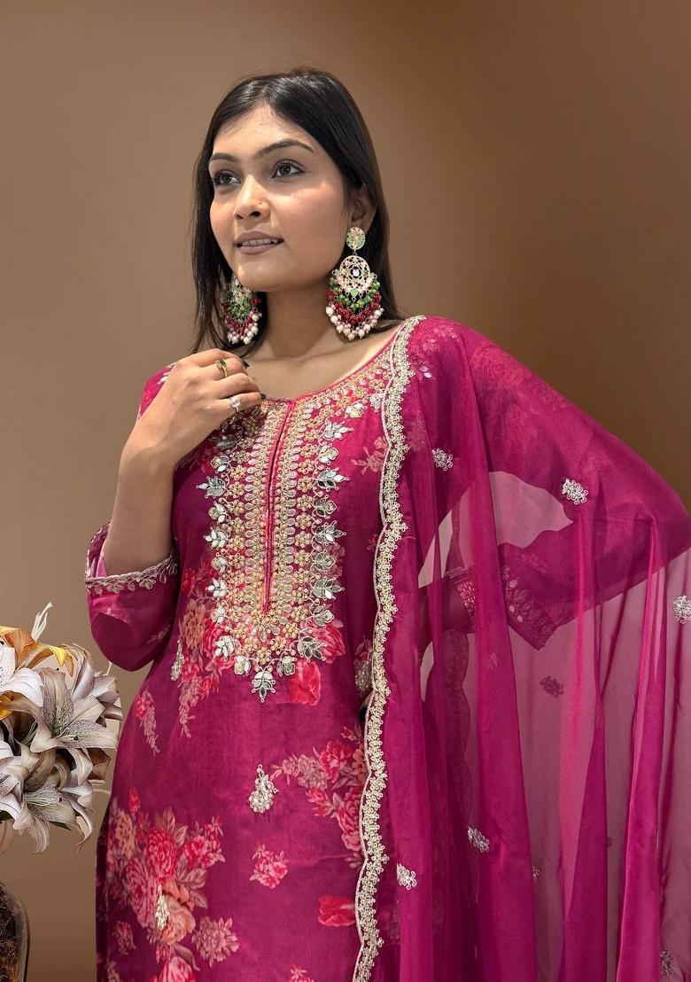 Rani Pink Digital Print Organza Salwar Kameez With Dupatta - Indya