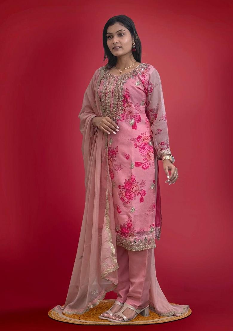 Peach Digital Print Organza Salwar Kameez With Dupatta - Indya