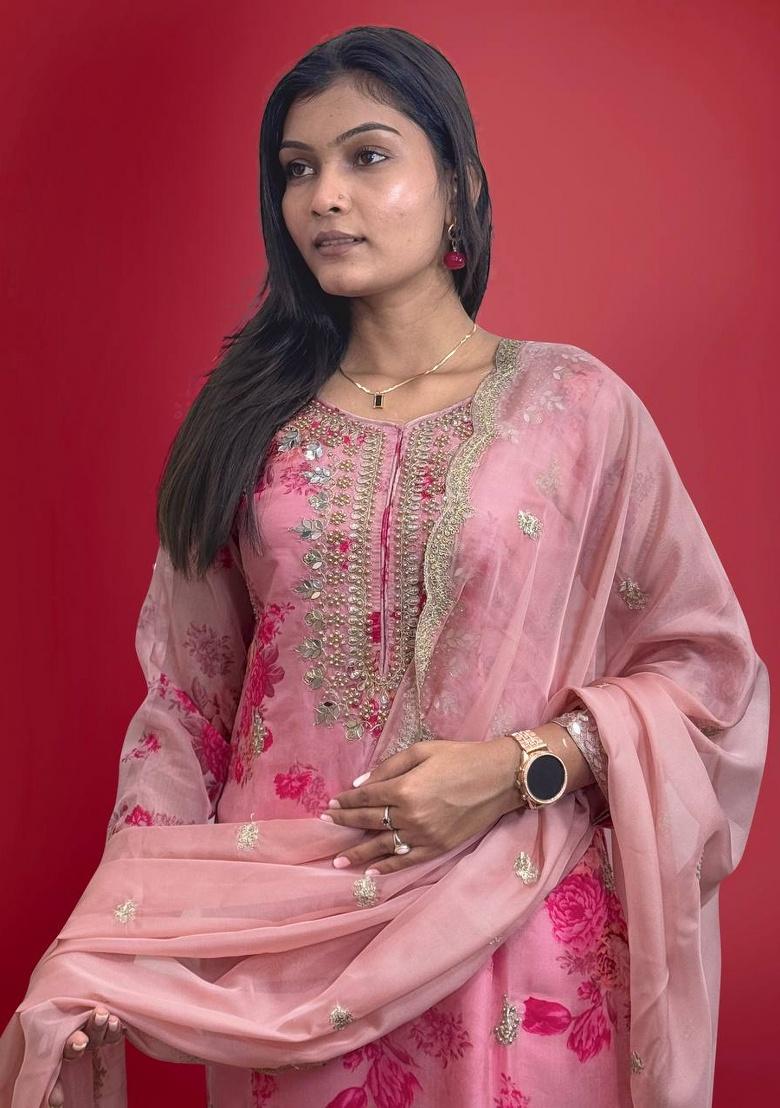 Peach Digital Print Organza Salwar Kameez With Dupatta - Indya