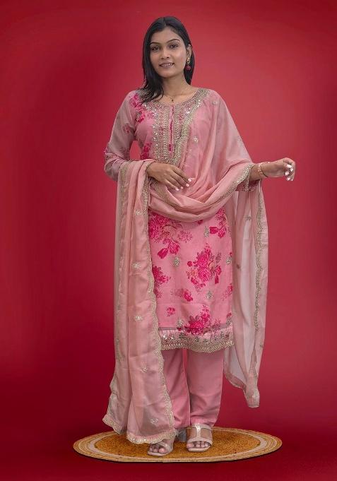 Peach Digital Print Organza Salwar Kameez With Dupatta
