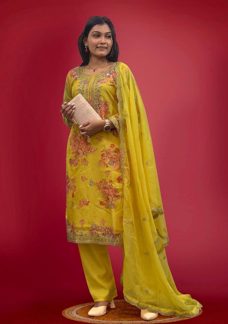 Yellow Digital Print Organza Salwar Kameez With Dupatta - Indya