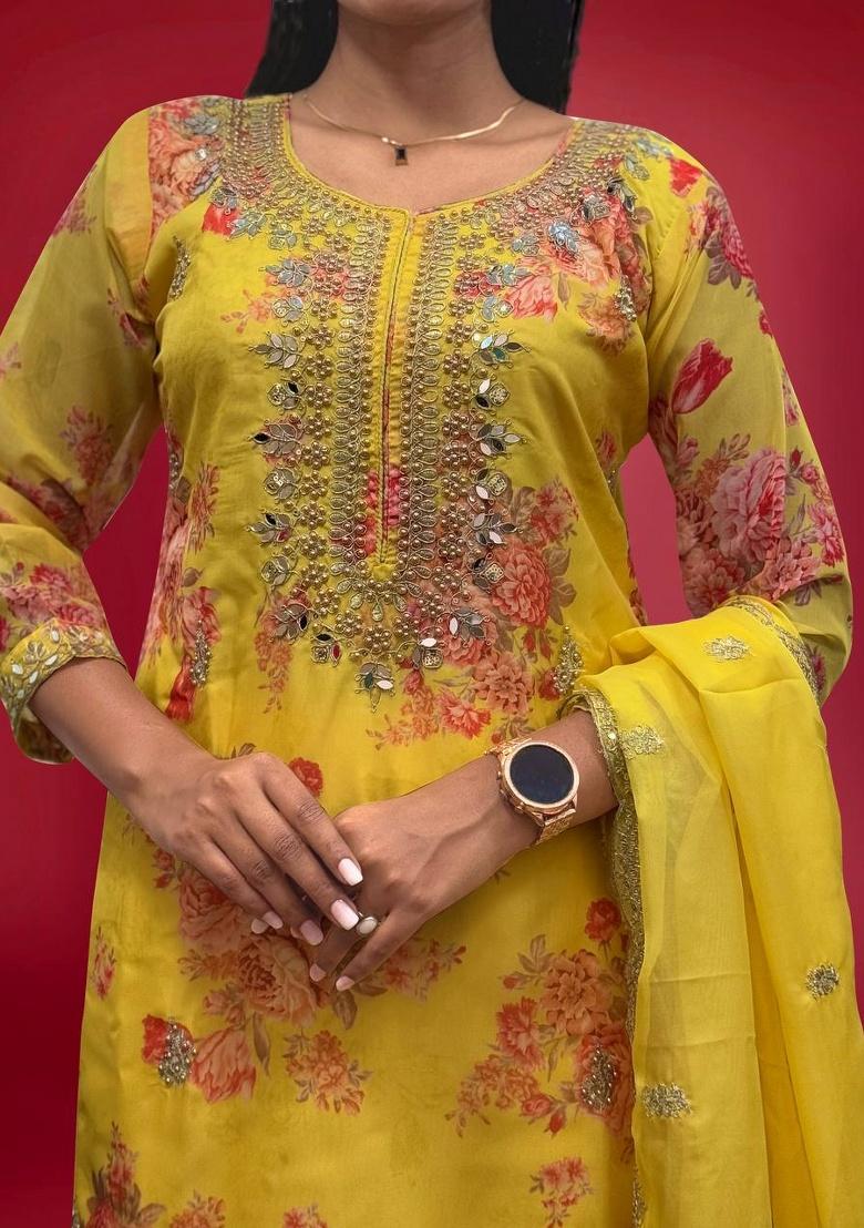 Yellow Digital Print Organza Salwar Kameez With Dupatta - Indya