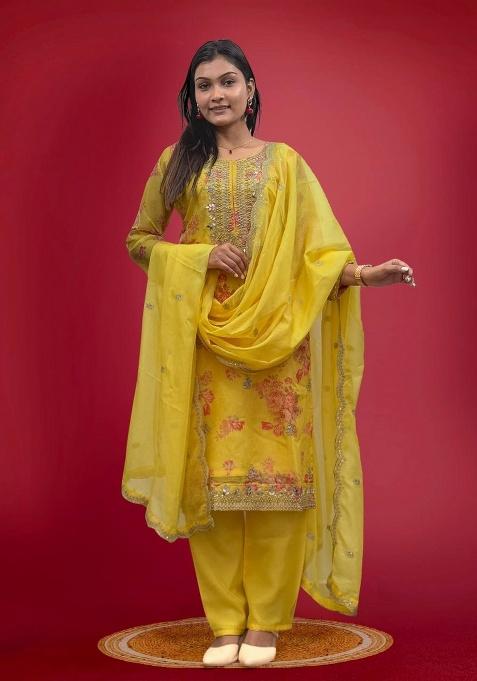 Yellow Digital Print Organza Salwar Kameez With Dupatta
