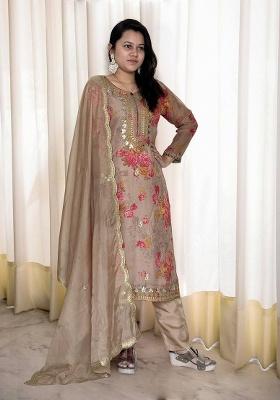 Beige Digital Print Organza Salwar Kameez With Dupatta