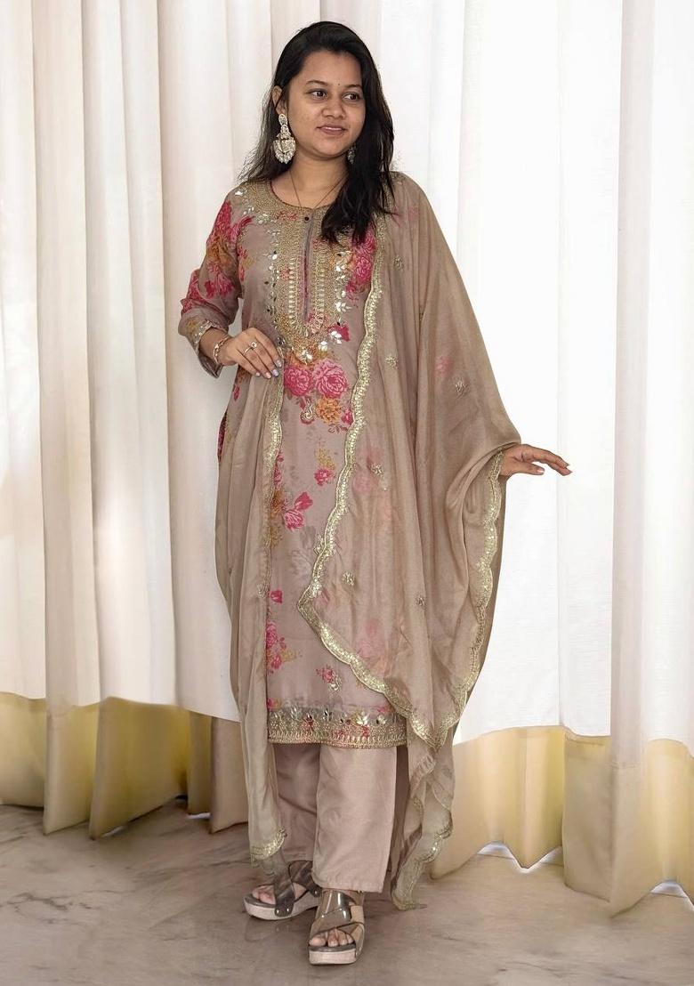 Beige Digital Print Organza Salwar Kameez With Dupatta - Indya