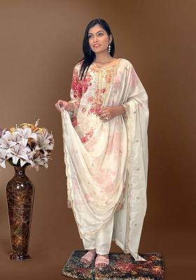 White Digital Print Organza Salwar Kameez With Dupatta