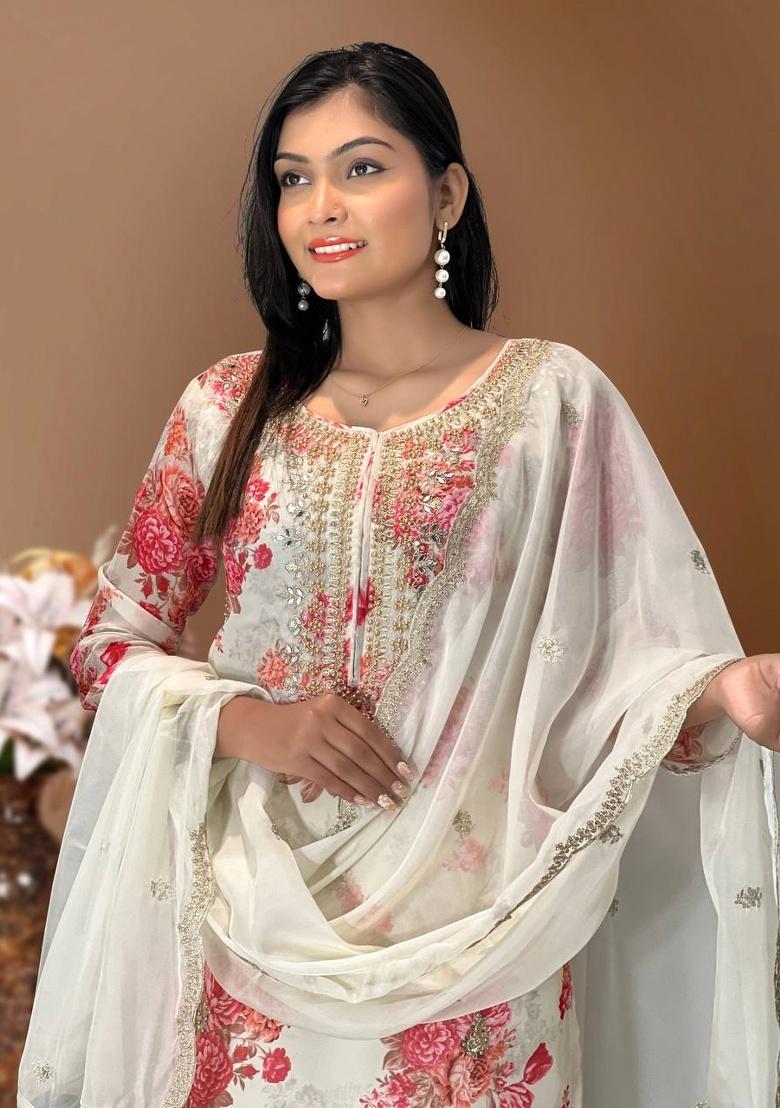 White Digital Print Organza Salwar Kameez With Dupatta - Indya