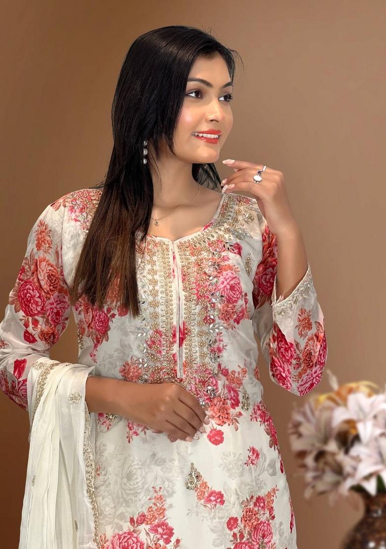 White Digital Print Organza Salwar Kameez With Dupatta - Indya
