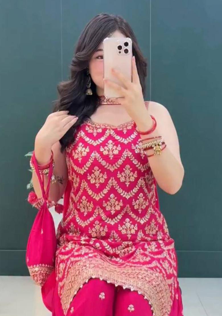 Pink Embroidery Georgette Plazzo Set - Indya