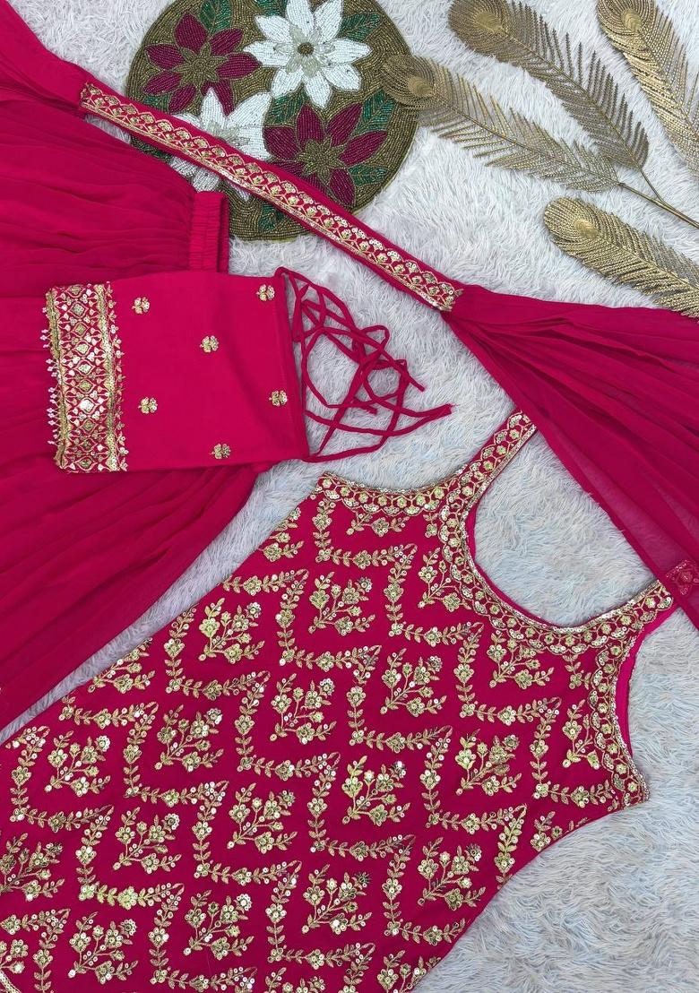 Pink Embroidery Georgette Plazzo Set - Indya