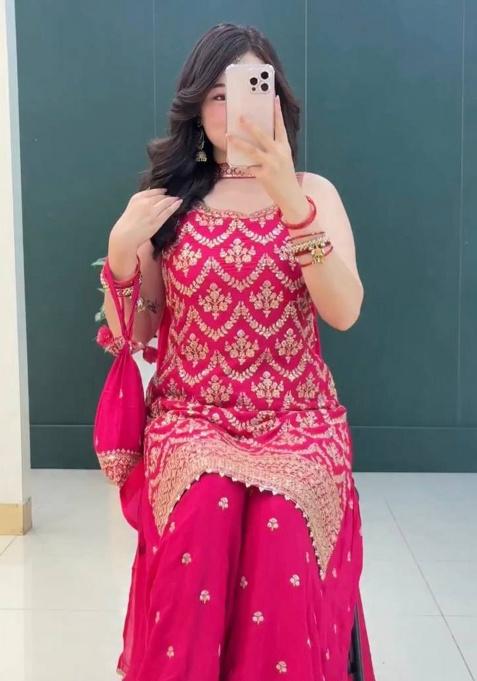 Pink Embroidery Georgette Plazzo Set