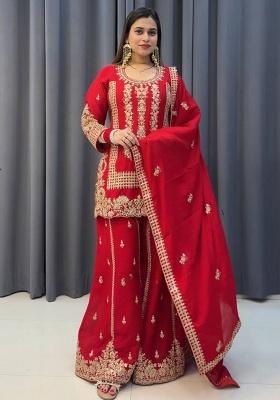 Red Embroidery Georgette Plazzo Set