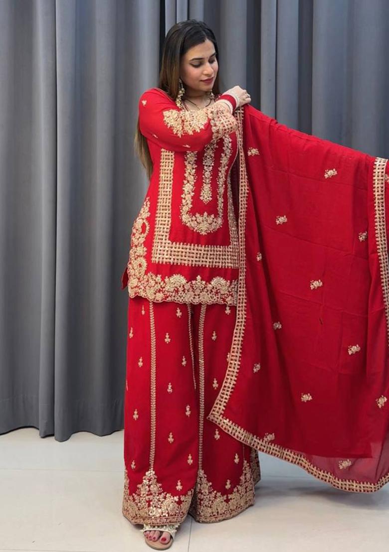 Red Embroidery Georgette Plazzo Set - Indya
