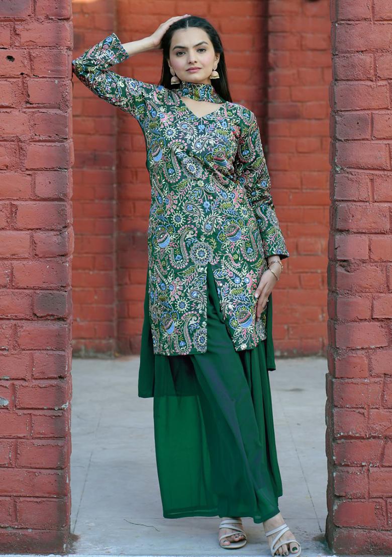 Green Embroidery Silk Sharara Set - Indya