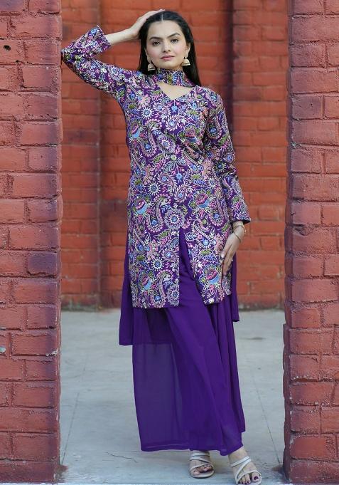 Violet Embroidery Silk Sharara Set