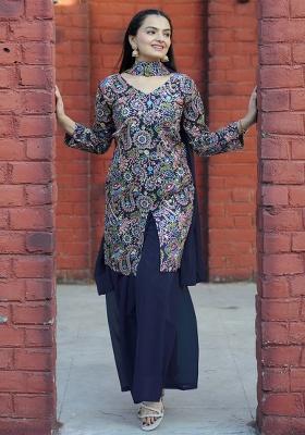 Blue Embroidery Silk Sharara Set