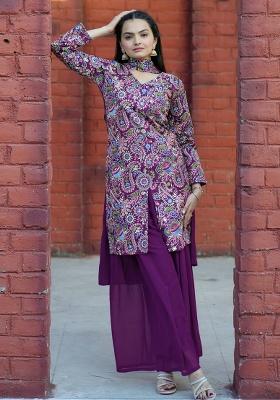 Wine Embroidery Silk Sharara Set