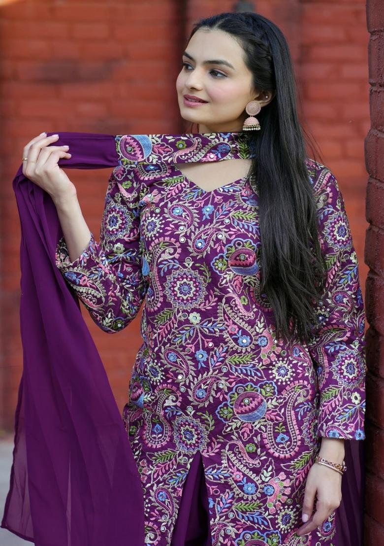 Wine Embroidery Silk Sharara Set - Indya