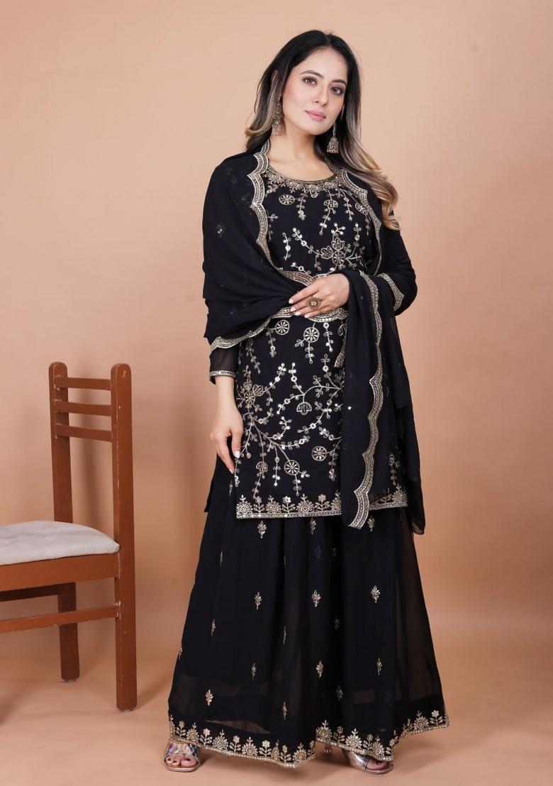 Black Embroidery Georgette Sharara Set - Indya
