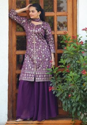 Purple Embroidery Silk Sharara Set