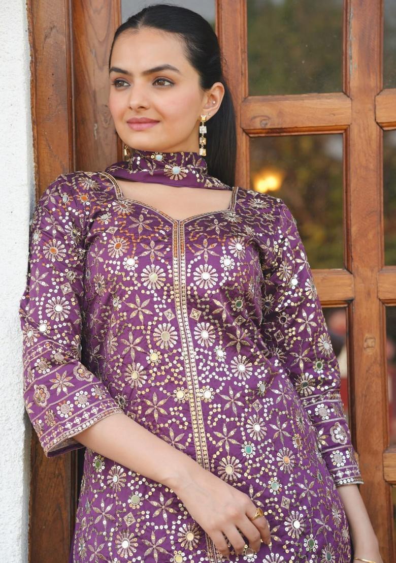 Purple Embroidery Silk Sharara Set - Indya