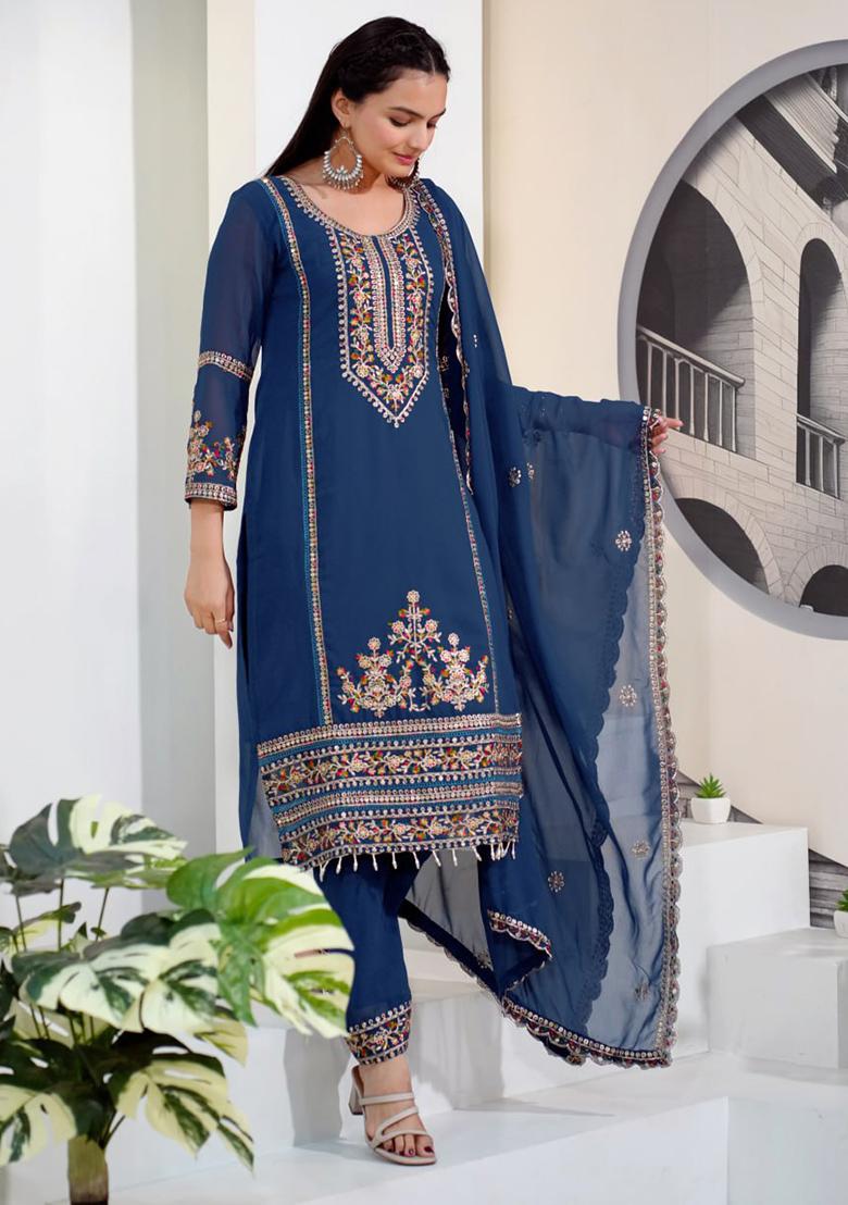 Blue Embroidery Georgette Salwar Kameez With Dupatta - Indya