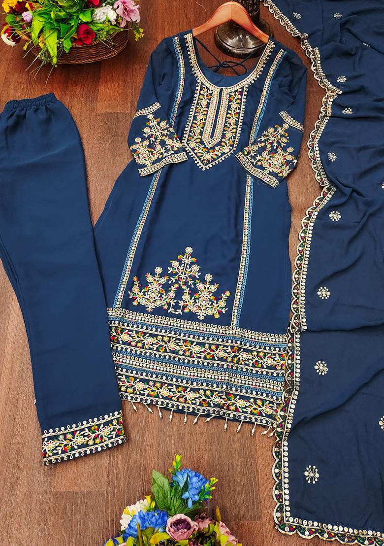 Blue Embroidery Georgette Salwar Kameez With Dupatta - Indya