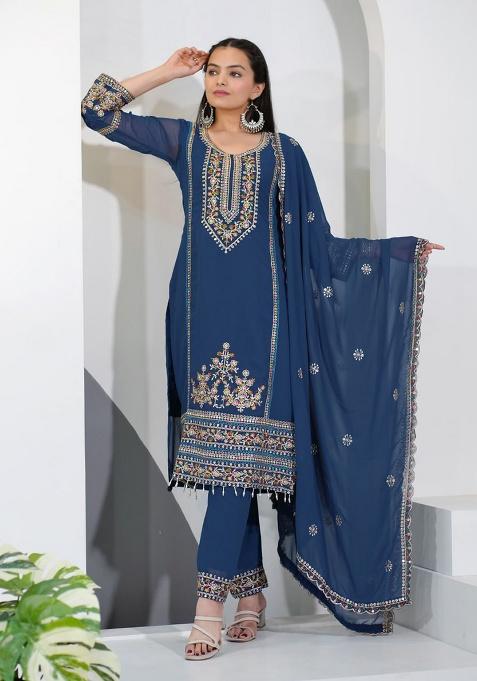 Blue Embroidery Georgette Salwar Kameez With Dupatta