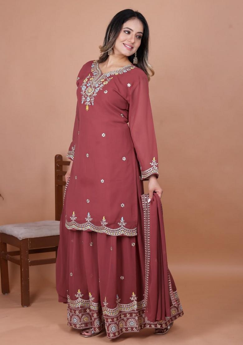 Gajri Embroidery Georgette Sharara Set - Indya