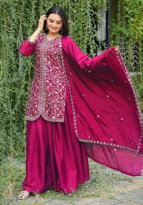 Pink Embroidery Silk Sharara Set