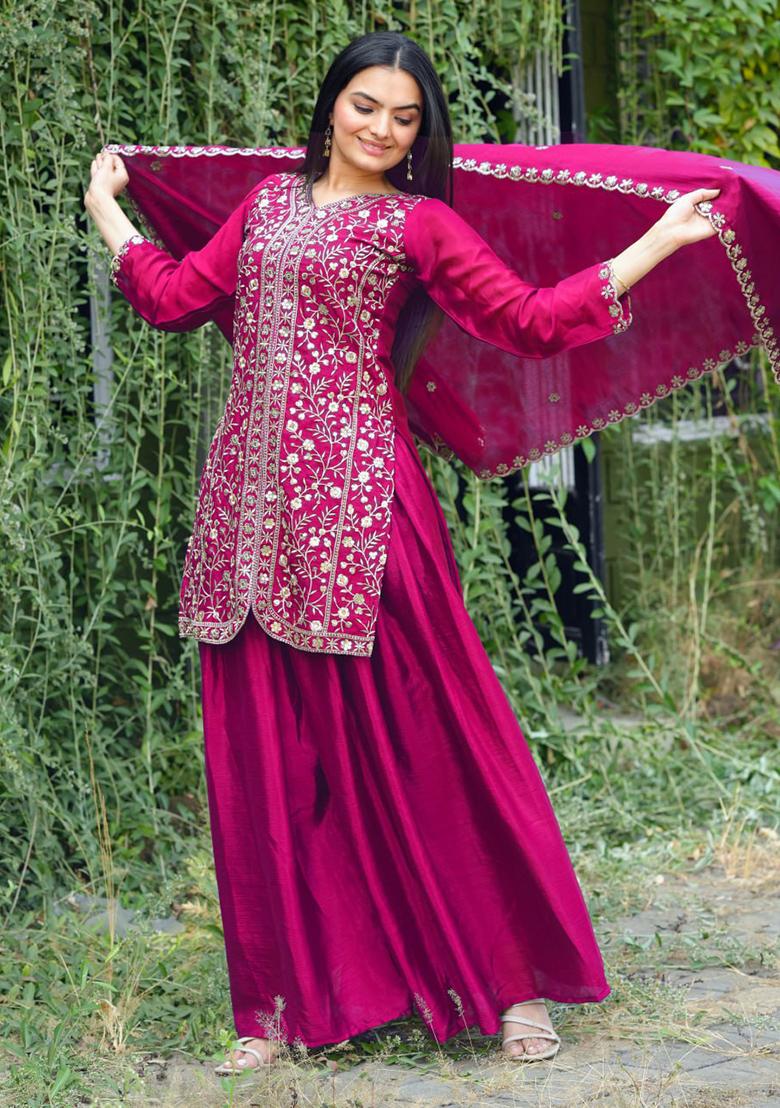 Pink Embroidery Silk Sharara Set - Indya
