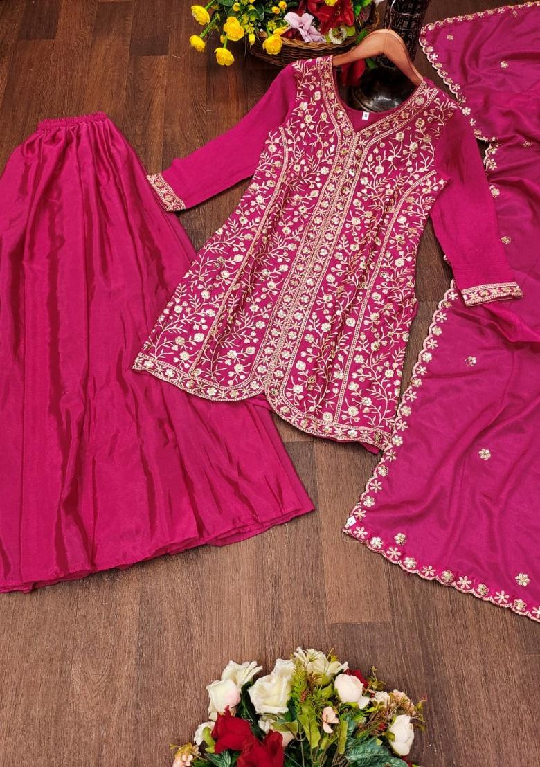 Pink Embroidery Silk Sharara Set - Indya