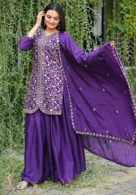 Violet Embroidery Silk Sharara Set